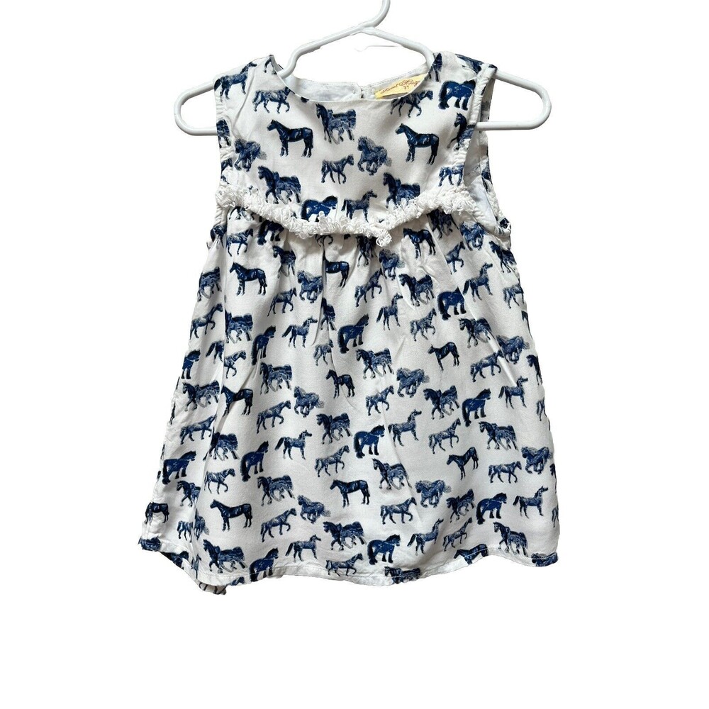 Sweet Magnolia Girls Sz 3T Blue White Horse Sleeveless A-line Dress Western